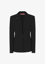 Schwarze, taillierte High‑Performance‑Jacke im Blazer Style mit Knopfverschluss, aus leichtem, elastischem Active‑Material. Die Jacke hat zwei aufgesetzte Fronttaschen, eine Brusttasche, Rücken‑Schlitz und ist innen teilgefüttert. Einreihiges Modell vor neutral hellem Hintergrund